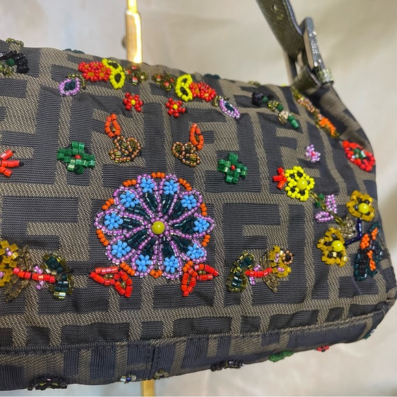 ๐SOLD๐Fendi zucca print floral beaded baguette lizard shoulder strap RARE - Picture 5 of 16
